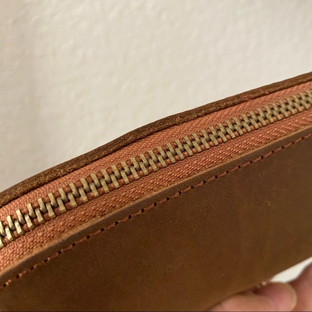 Crazy Horse Real Leather Brown Zipper Pencil Pouch Makeup Bag
